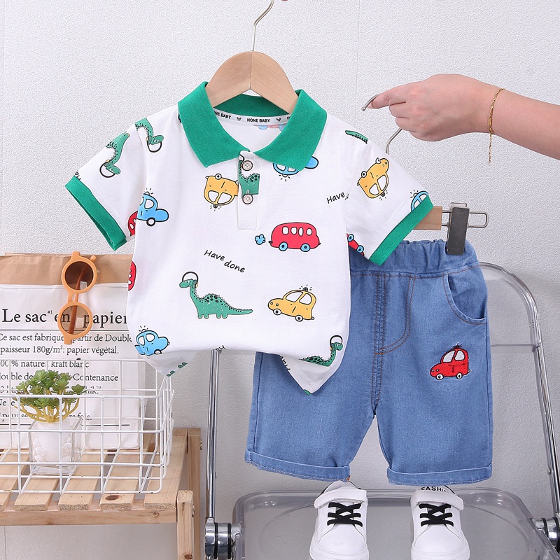 Set Đồ Mùa Hè 2 Món Gồm Áo cotton Nguyên Chất Tay Cộc In Hình Khủng Long Thời Trang Cho Bé Trai