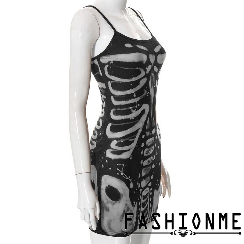 Đầm Body Hai Dây Họa Tiết Xương Người Hóa Trang halloween Cho Nữ