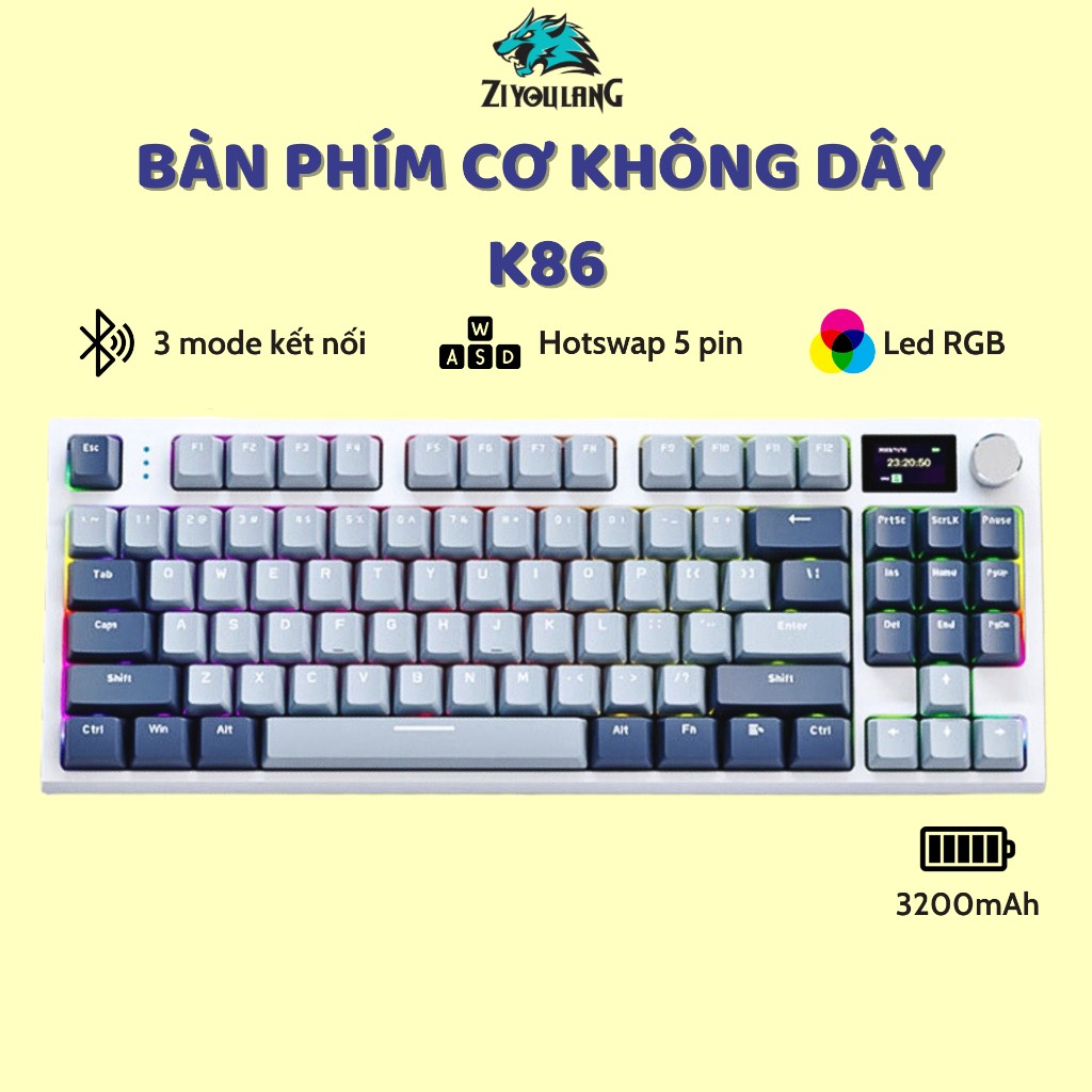 Bàn Phím Cơ Không Dây Bluetooth Ziyou K86 LED RGB APP MARCO Có Núm Xoay HOTSWAP 5 Pin Lót Foam