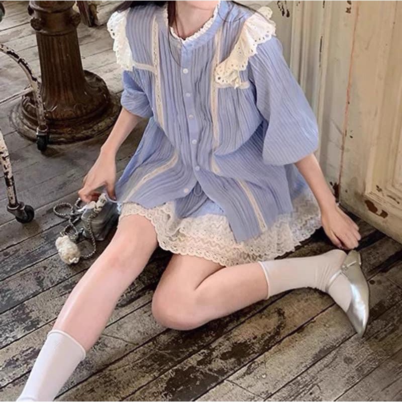 SET KẺ XANH VIỀN BÈO REN KÈM CHÂN VÁY lương su shop