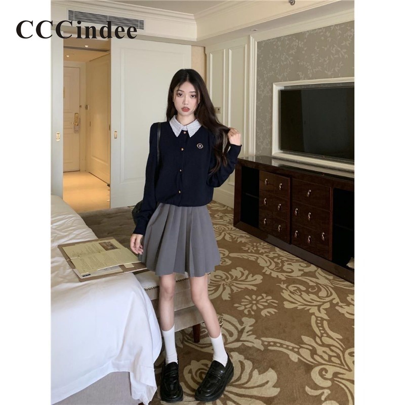 Cccindee Áo Khoác cardigan Tay Dài Cổ Bẻ Dáng Ôm Màu Tương Phản Thời Trang 2023 Dành Cho Bạn Nữ