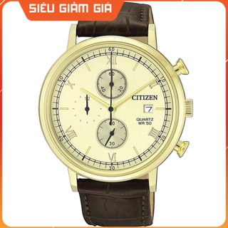 Đồng hồ nam citizen mặt vàng, dây da, kính cứng - máy pin an3612-09p chính hãng