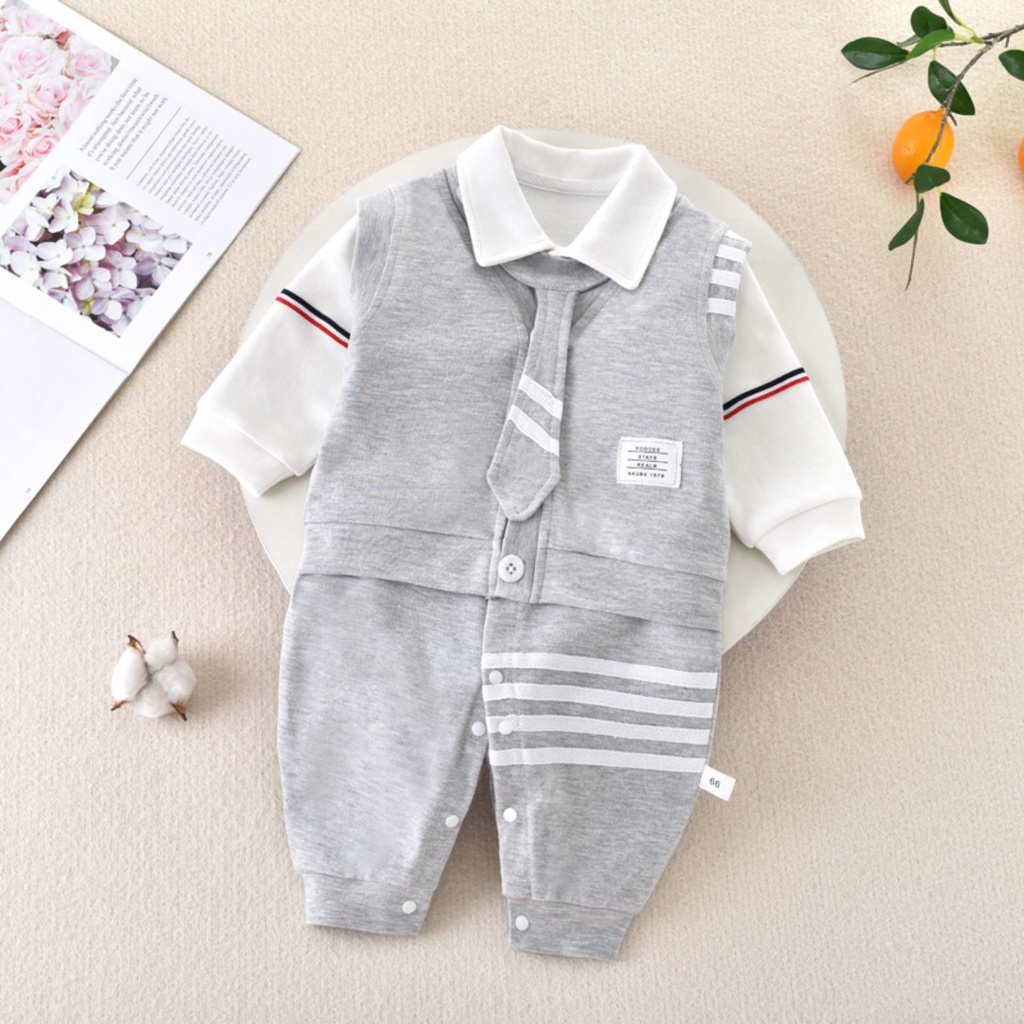 Bộ Áo Liền Quần Tay Dài + Áo Khoác vest + Cà Vạt Bằng cotton Thời Trang Xuân Thu Kiểu Anh Quốc Cho Bé Trai / Gái 0-24 Tháng Tuổi
