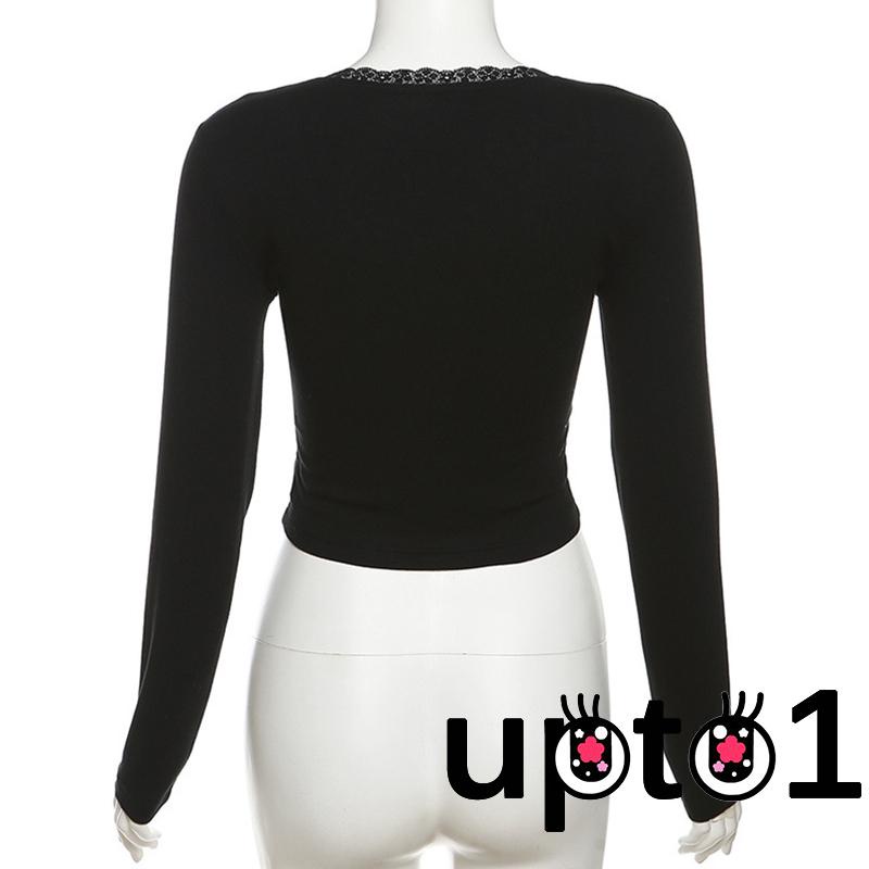 Áo Croptop Tay Dài Viền Ren In Chữ Thời Trang Cho Nữ