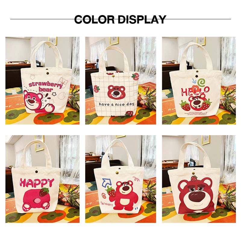 Túi mua sắm MR PUFFER vải canvas mini cầm tay đa năng thân thiện với môi trường họa tiết gấu dâu dễ thương