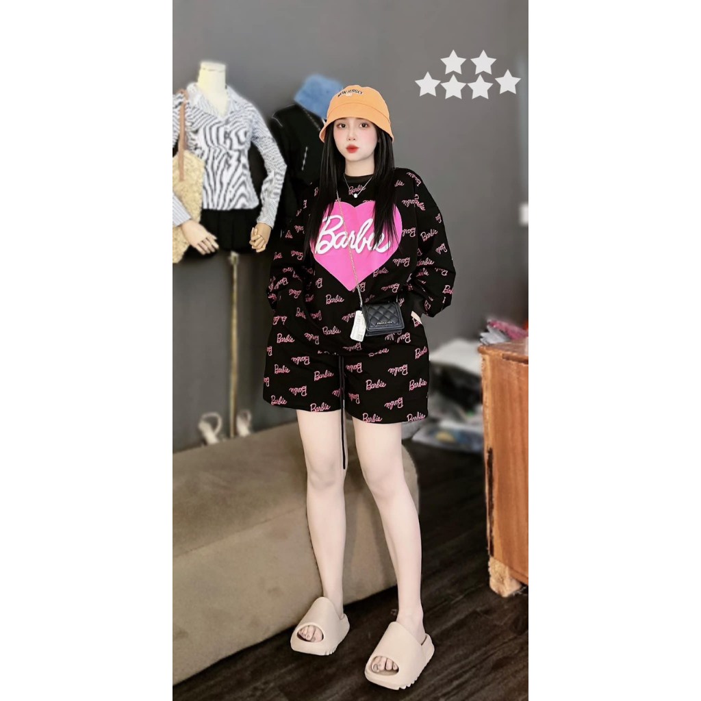 Set áo thun tăm babie phom rộng tay dài kèm quần đùi co giãn tốt