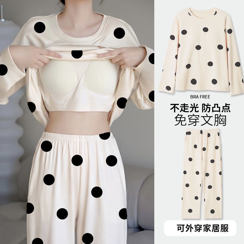 Bộ Đồ Ngủ Dài Tay Có Mút Đệm Ngực Thời Trang Mùa Thu Đông Dành Cho Nữ Mềm