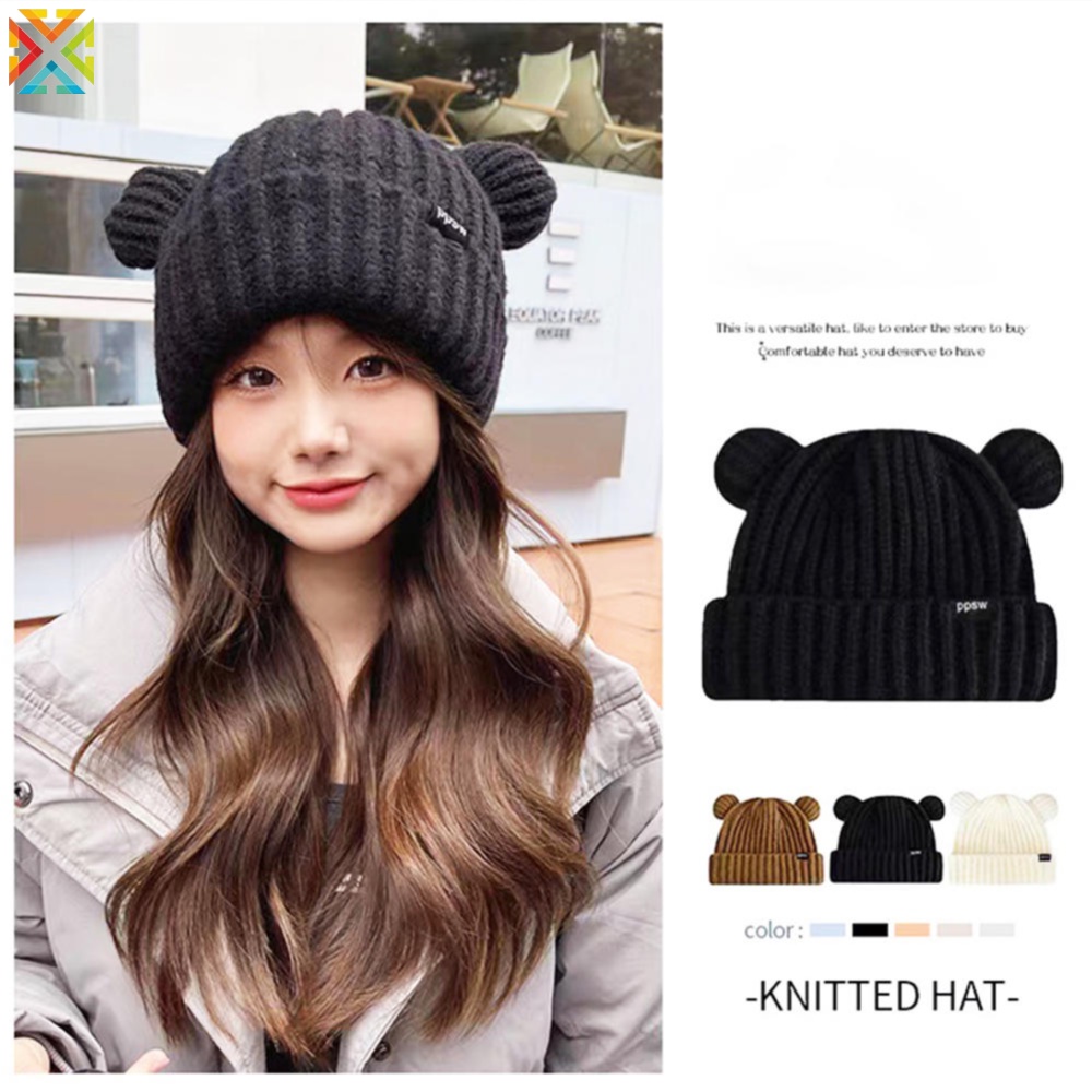 Mũ Len Dày Dặn Mềm Mại Đính Tai Gấu Bông Phong Cách harajuku Hàn Quốc Dễ Thương y2k