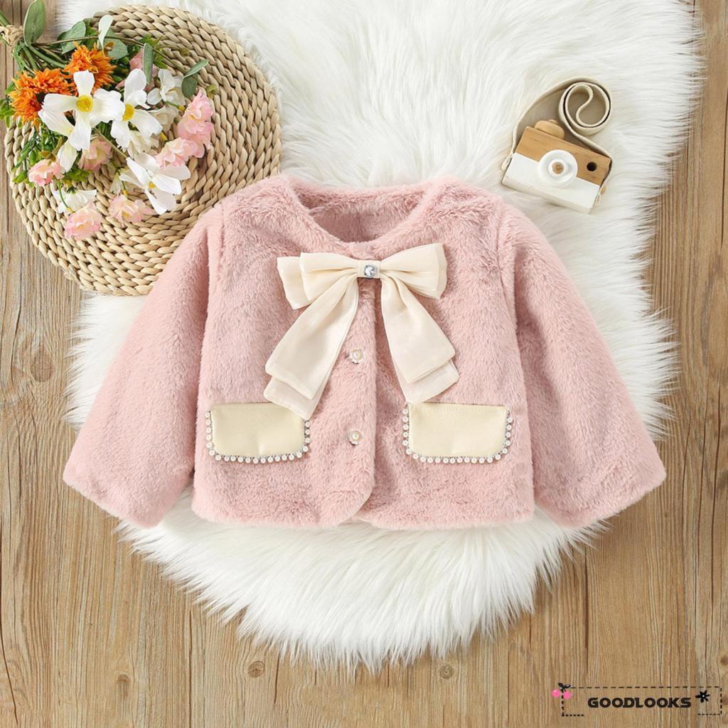 Áo Khoác Lông Thú Tay Dài Cổ Đính Nơ Cho Bé Gái