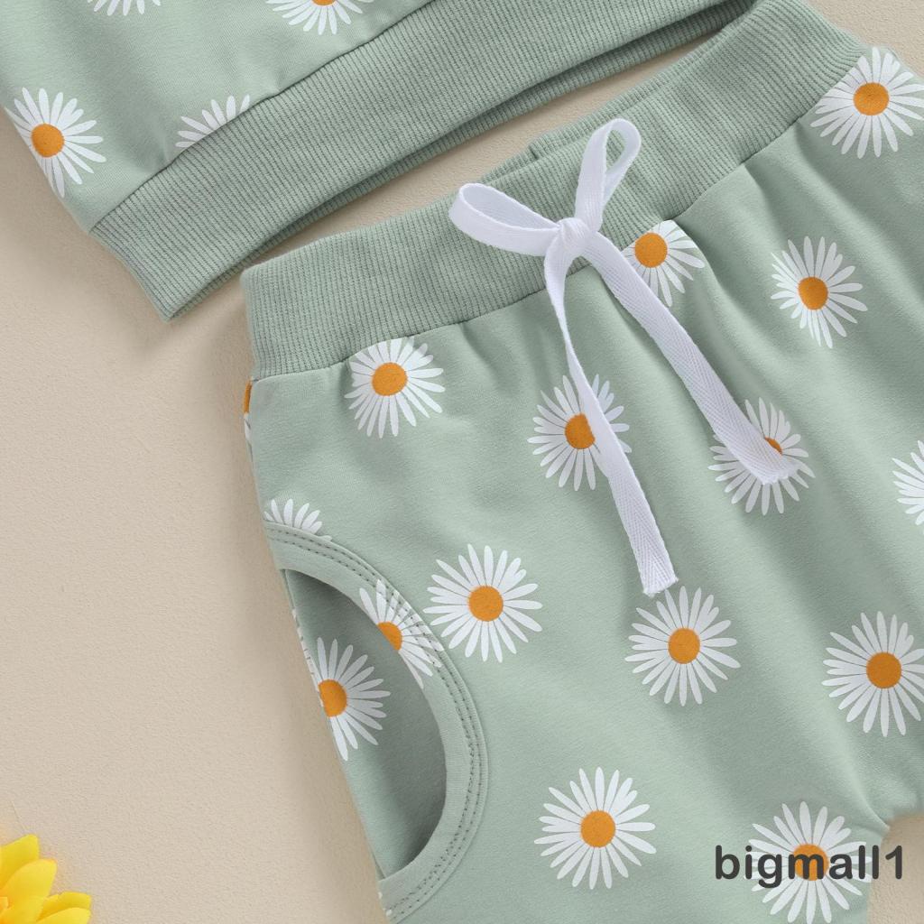 Topmall set Áo Thun Tay Dài & Quần Dài In Hoa Cúc & Băng Đô Quấn Đầu Cho Bé Gái Từ 6 Tháng - 3 Tuổi