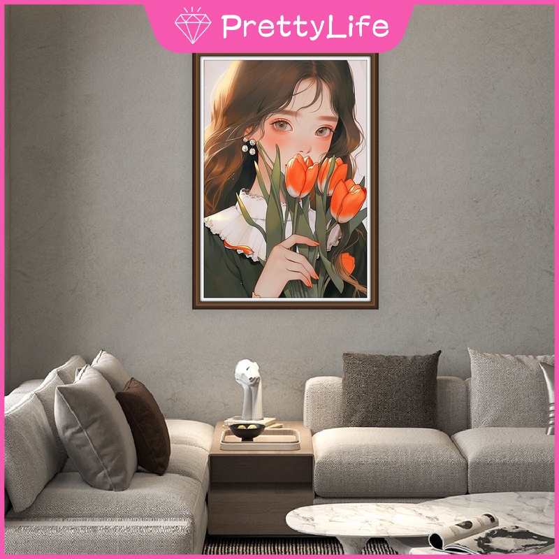 Bộ Tranh Đính Đá 5d Tự Làm 30x40cm Hình Cô Gái Và Hoa Hoạt Hình