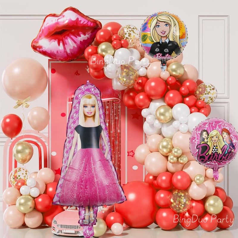 71 / 72 Chiếc Barbie Chủ Đề Bong Bóng Vòng Hoa Vòm Bộ 32 Inch Số Đỏ Barbie Lá Bóng Confetti Bóng Dự 