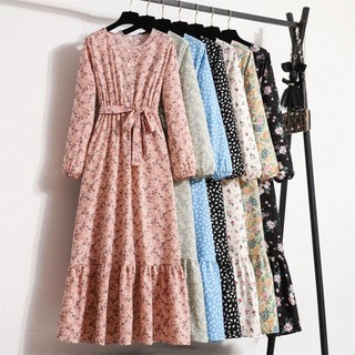 Đầm chiffon Tay Dài Cổ Thắt Nơ In Họa Tiết Hoa Phong Cách Hồi Giáo Thời Trang Mùa Thu Cho Nữ