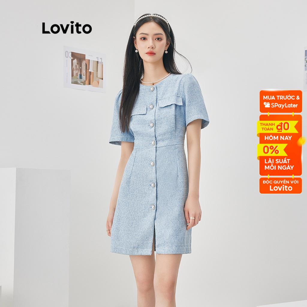 Đầm Lovito vải tweed màu trơn phối nút phía trước phong cách thanh lịch thường ngày dành cho nữ L52AD091 (xanh dương)