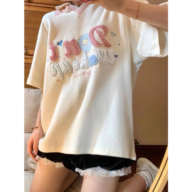 Áo Thun polo Nữ Tay Ngắn Thêu Hình Bánh waffle