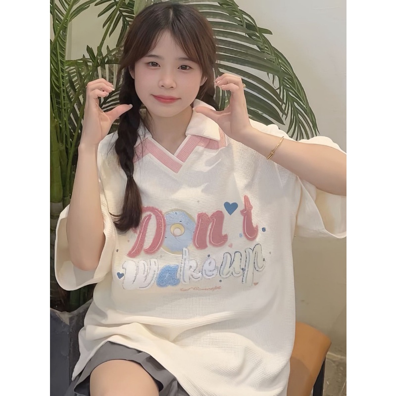 Áo Thun polo Nữ Tay Ngắn Thêu Hình Bánh waffle