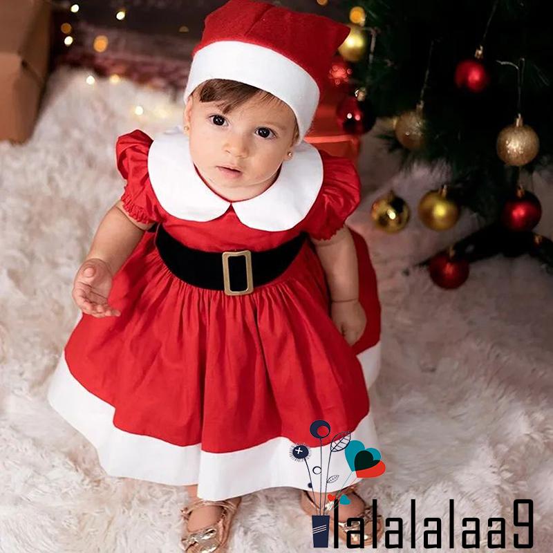 La-hộ Đầm Chữ a Tay Ngắn Cổ Búp Bê Màu Đỏ Kèm Thắt Lưng Và Mũ Giáng Sinh Cho Bé Gái