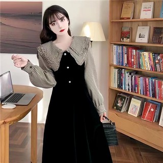 Đầm Nhung Cổ Búp Bê Họa Tiết Sọc Caro Phong Cách retro Pháp Cao Cấp Mới