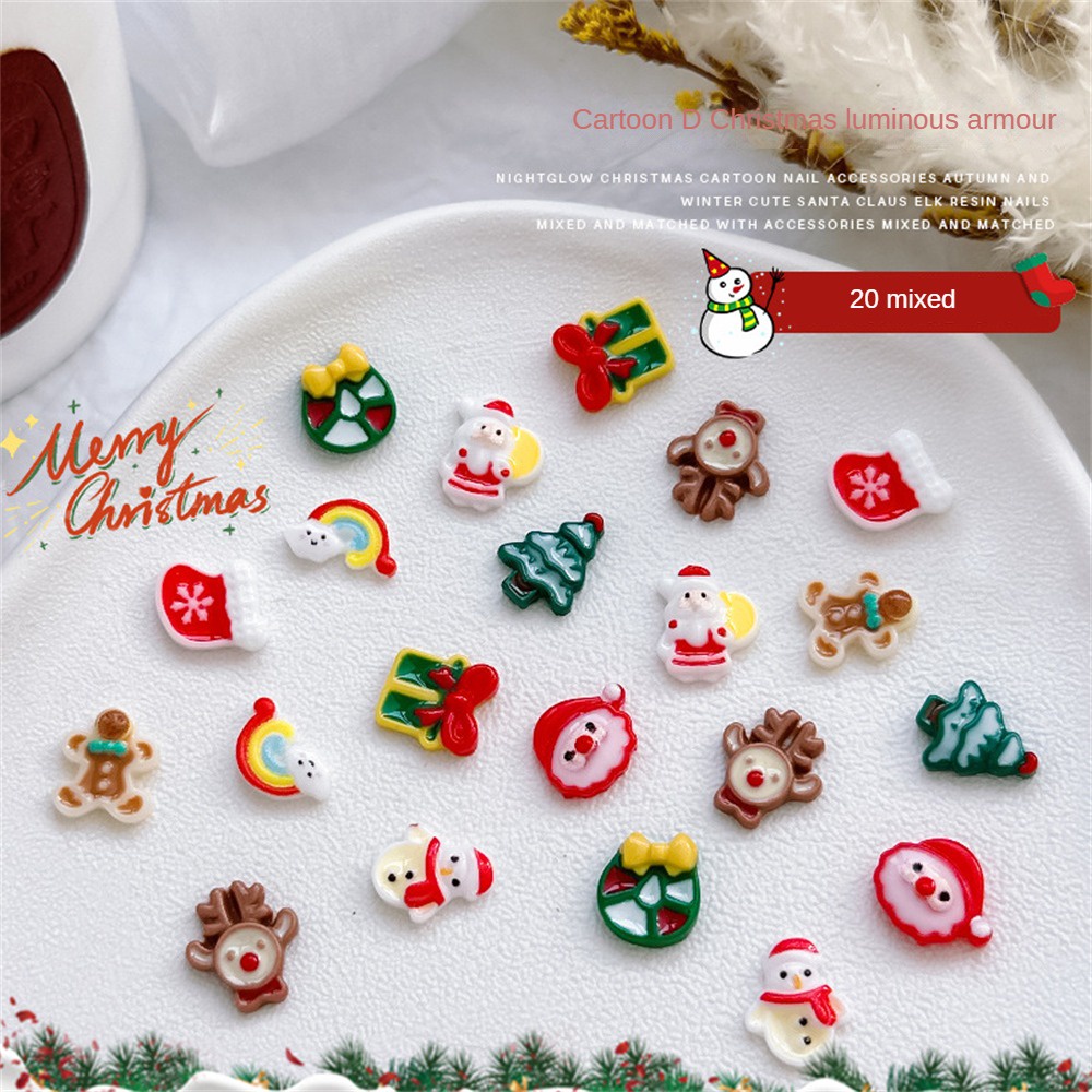 ♕ 20 cái Nail Art Giáng sinh Đồ trang sức dạ quang Ba chiều Santa Elk Nhựa Kim cương Phim hoạt hình dễ thương Trang trí móng tay Công cụ làm móng tay cho cửa hàng làm móng NỘI THẤT