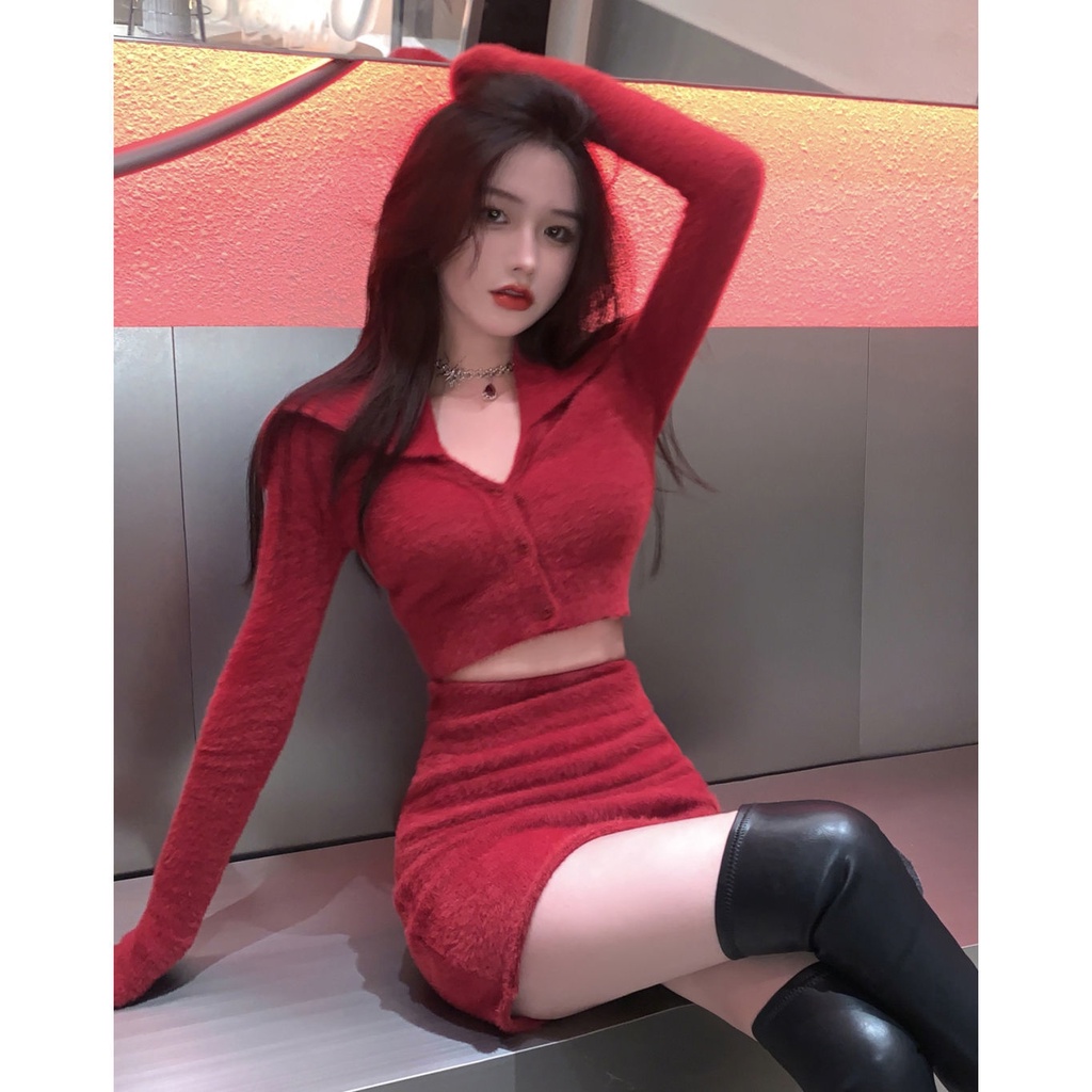 Set Áo Khoác cardigan Lông Cừu Ngắn + Chân Váy Chữ a Lưng Cao Ôm Dáng Thời Trang Giáng Sinh Năm Mới Cho Nữ