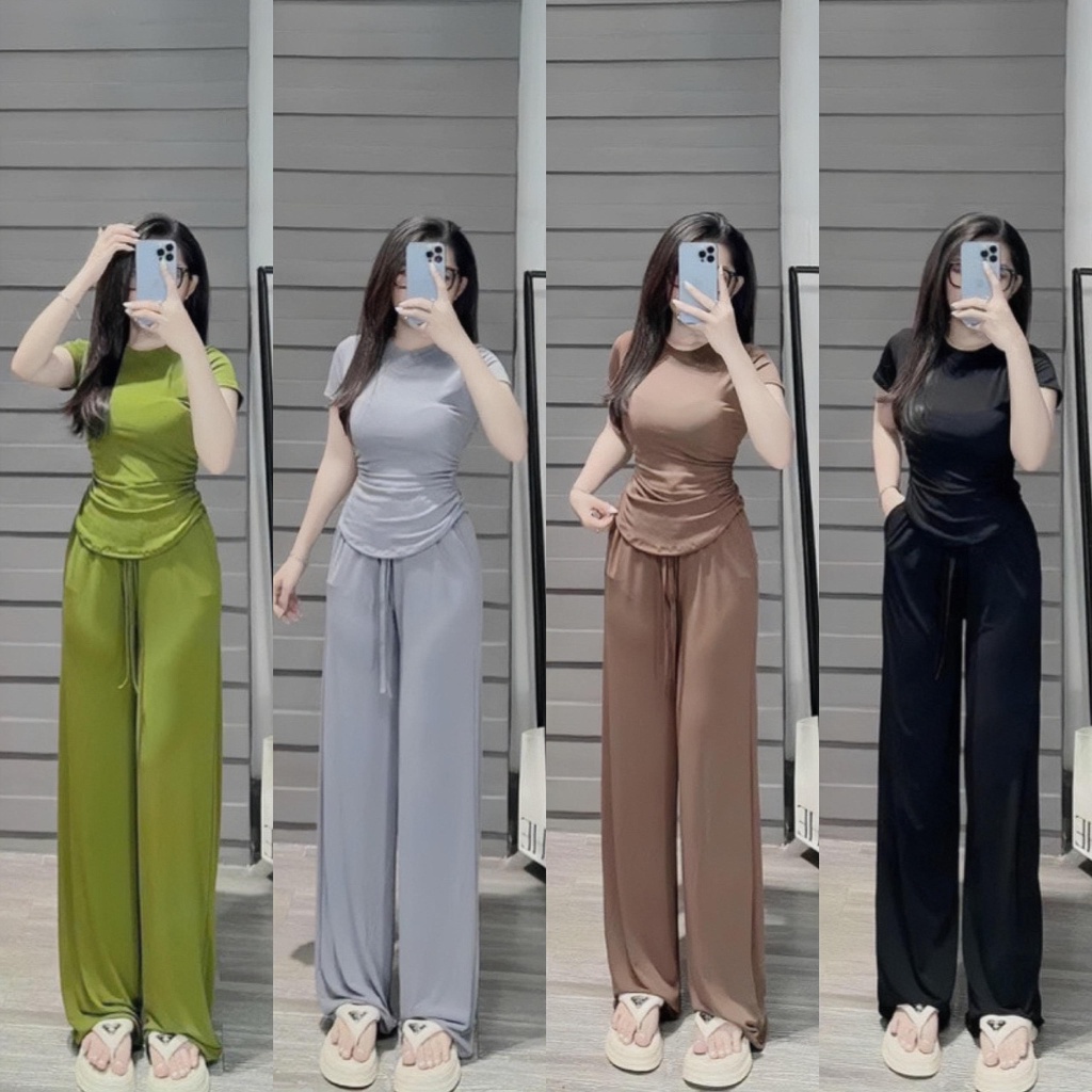 Set Bộ Nữ Thun Tăm Quần Suông Trơn Áo Tay Ngắn Cổ Tròn Nhúm Eo 2 Bên Mặc Nhà Giá Rẻ Bigsize Mua Tại Quynh Nhu QBN