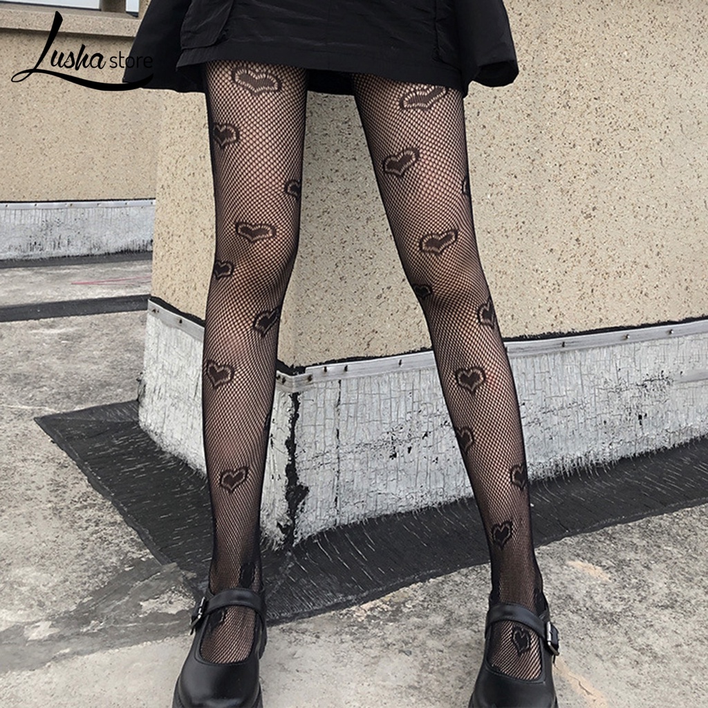 Lushastore Quần Tất Co Giãn Họa Tiết Trái Tim Nhìn Xuyên Thấu Thời Trang Xuân Thu Cho Nữ