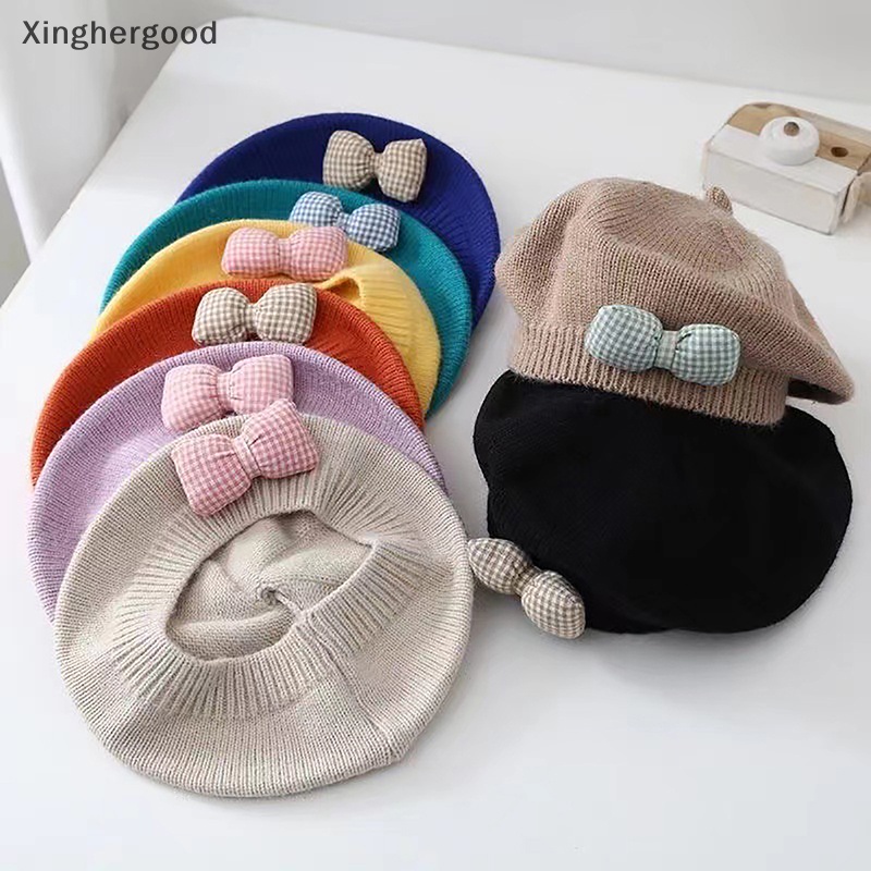 Xinghergood Mũ Nồi Dệt Kim Màu Trơn Đính Nơ Thời Trang Thu Đông Ấm Áp Cho Bé Gái