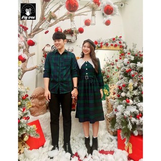 Set Sơ Mi Váy Đôi Fig Tree Caro Xanh Noel Phối Ren ( MS :186)