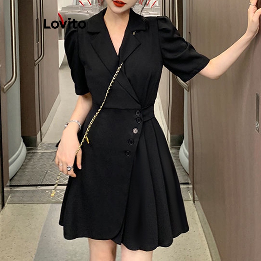 Đầm Lovito xếp ly màu trơn thanh lịch cho nữ LNE21092 (Màu đen)