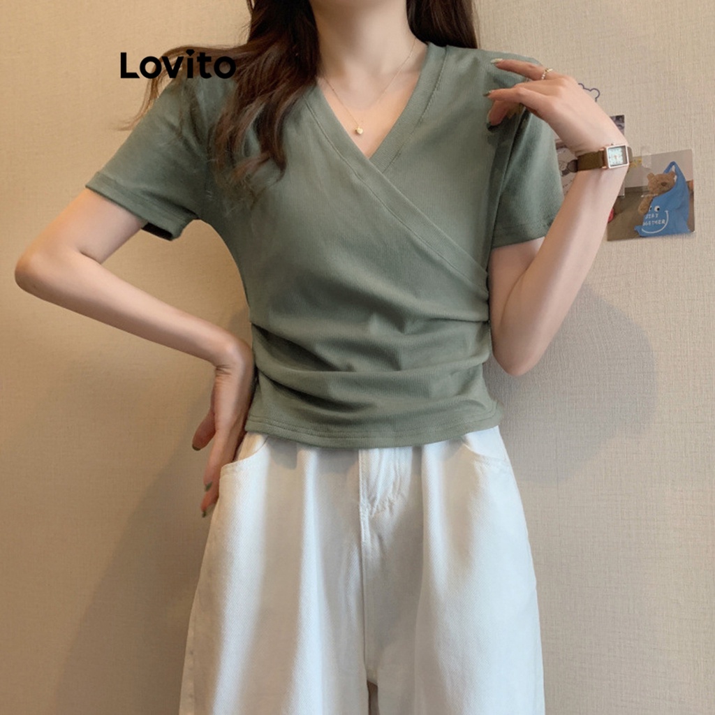 Lovito Áo thun ôm ôm body thun trơn bất đối xứng thường ngày cho nữ LNA27015 (Xanh quân đội/Đen)