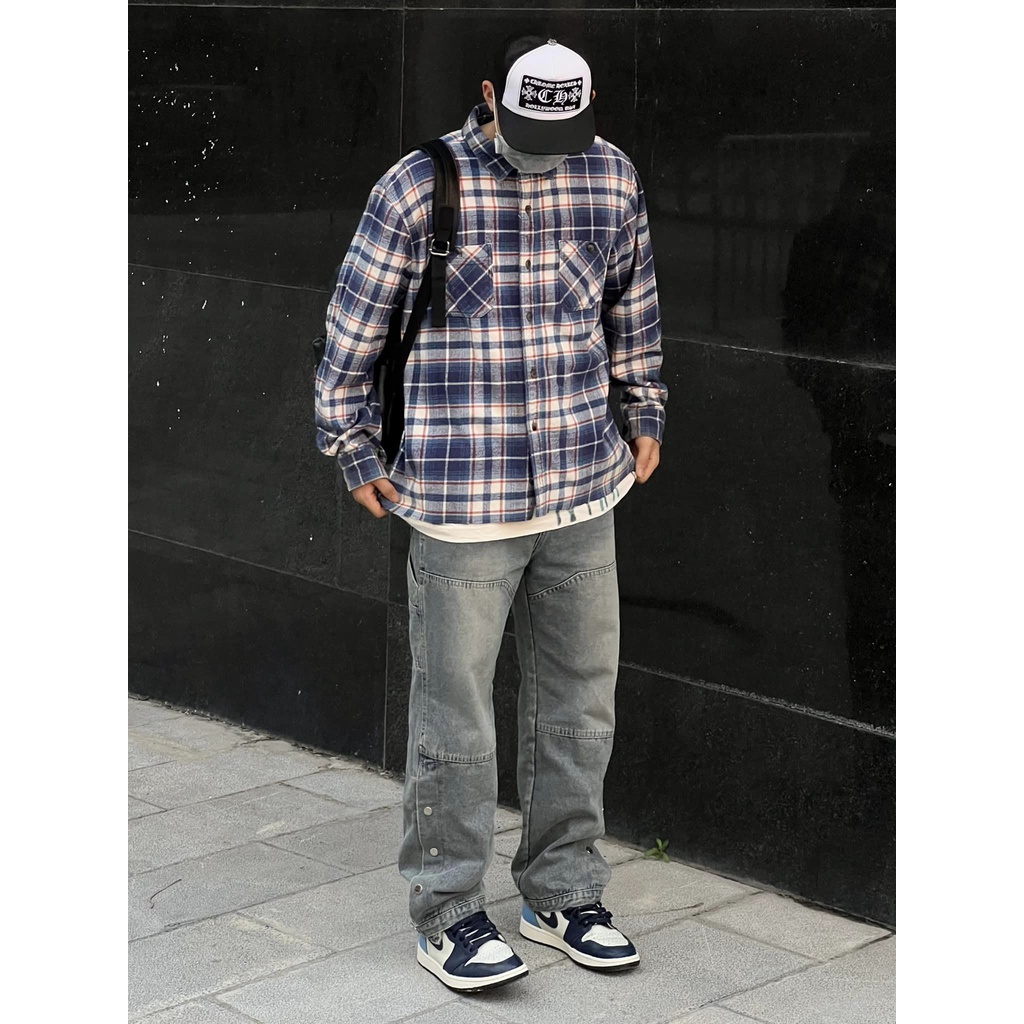 Quần Jean Suông Blue Vintage Unisex , Quần Bò Xanh Ống Rộng Nam Nữ Phối Cúc Gấu Hem Fashion