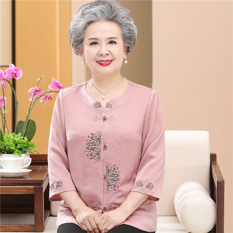 Hàng Mới Về Mới Áo Sơ Mi Tay Lửng Cổ Tròn Vải Lụa Mát Thêu Họa Tiết Thời Trang Mùa Hè Cho Nữ Trung Niên