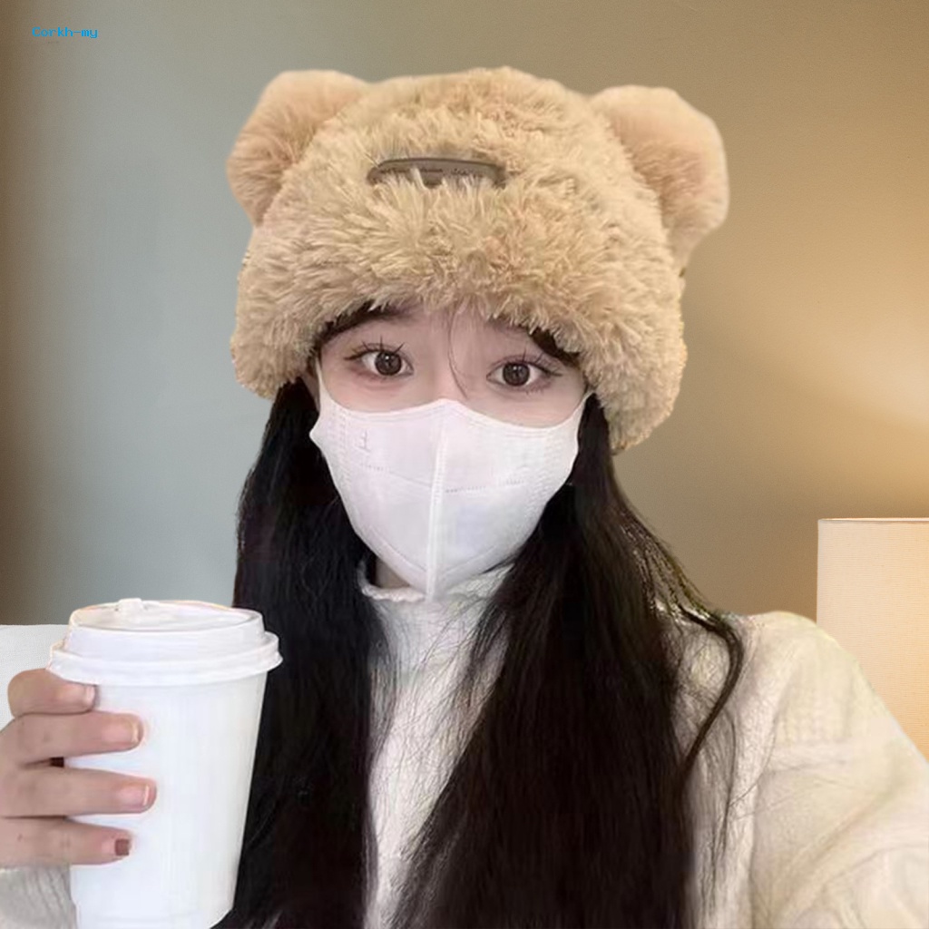 Mũ beanie Màu Trơn Đính Tai Gấu Hoạt Hình Bằng Vải Bông Mềm Mại Ấm Áp Thời Trang Mùa Đông Cho Nữ