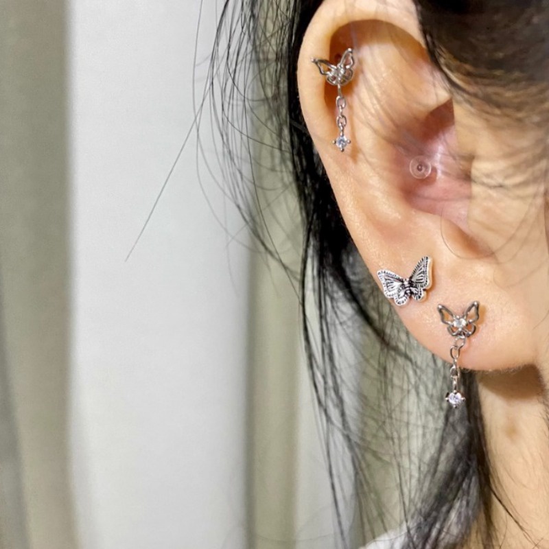 Bông Tai Mạ Bạc Dáng Dài Hình Bướm Đính Pha Lê Thời Trang Cho Nữ YR