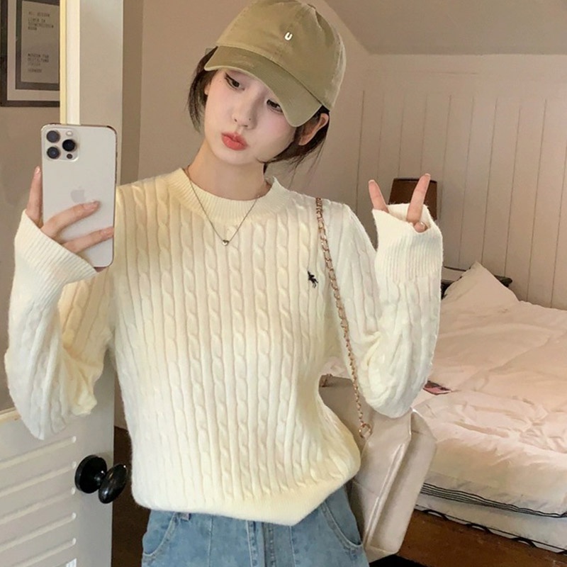 Yaoli Áo sweater Dệt Kim Chui Đầu Cổ Tròn Tay Dài Dáng Rộng Màu Trơn Thêu Họa Tiết Thời Trang Mùa Thu Cho Nữ