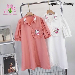 Đầm sơmi cổ bẻ Kitty , Đầm váy nữ basic fashion cổ sơ mi cài cúc  cộc tay 💕💕💕PC capnhatxuhuong