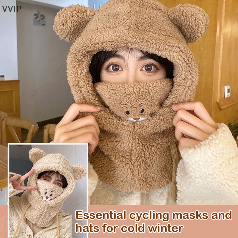 Mũ Lông Cừu Kèm Khăn Choàng Cổ Hình Gấu Dễ Thương Giữ Ấm Mùa Đông Cho Nữ