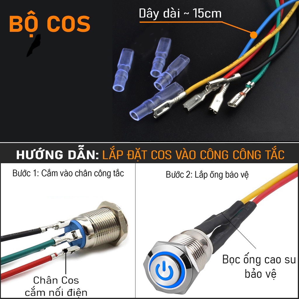 Chân Jack nối công tắc 12/16/19/22mm, Loại có dây đèn LED