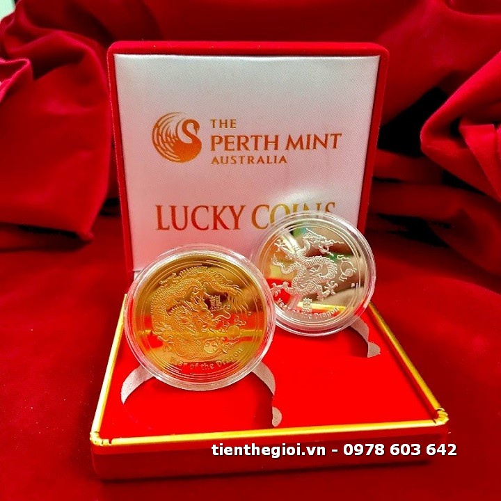 Cặp Xu Úc Hình Con Rồng Mạ Vàng Bạc tặng hộp nhung - SP007239
