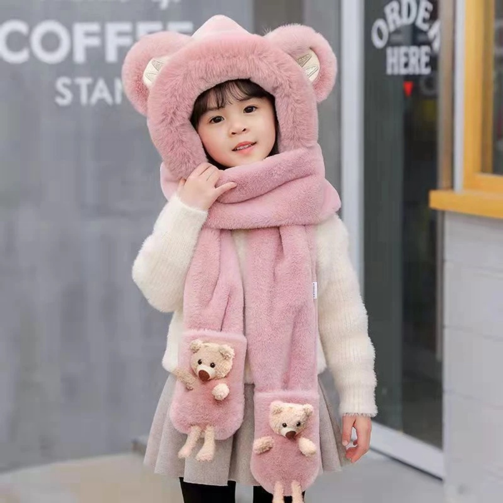PVN61881 Mũ trùm đầu, mũ len kèm khăn choàng cổ và găng tay hình tai gấu đáng yêu cho bé