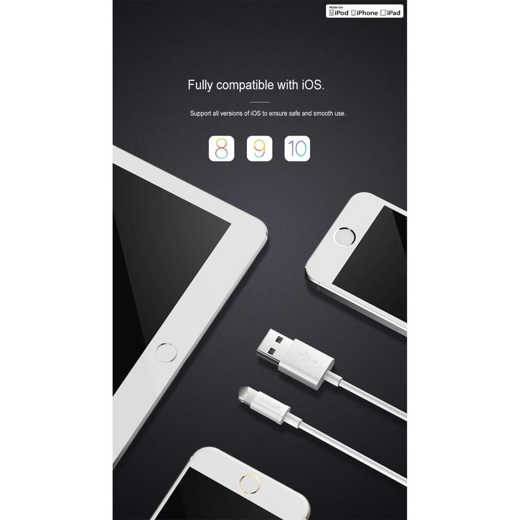 Dây Sạc ANKER A7101621 Được Chứng Nhận MFi Cho Iphone5 / 6s / 7P / SE / Ipad Air Mini Trắng