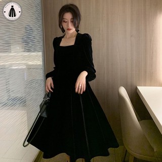 Váy nhung vàng HORMOO kiểu Pháp cổ vuông dài tay cổ vuông váy đen nhỏ