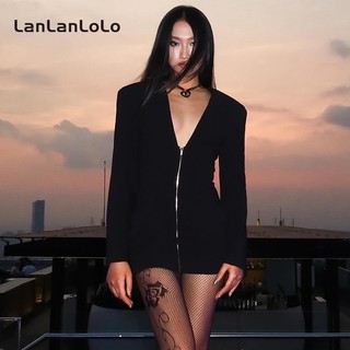 LanLanLo Nữ Màu Trơn Thời Trang Đơn Giản Cổ Chữ V Dài Tay Gợi Cảm Dây Kéo Đầm Ôm Thường Ngày