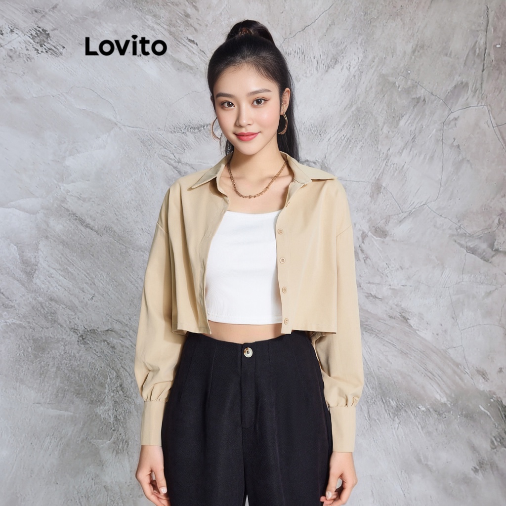 Áo kiểu Lovito dáng ngắn cơ bản màu trơn phong cách thường ngày cho nữ LBE02104 (Kaki)
