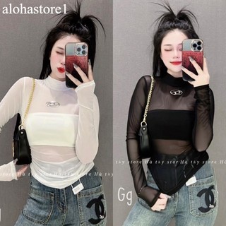 Áo Thun Lưới Tay Dài Thêu Chữ D Ôm + Áo Ống Rời Sẵn Mút Ngực alohastore1