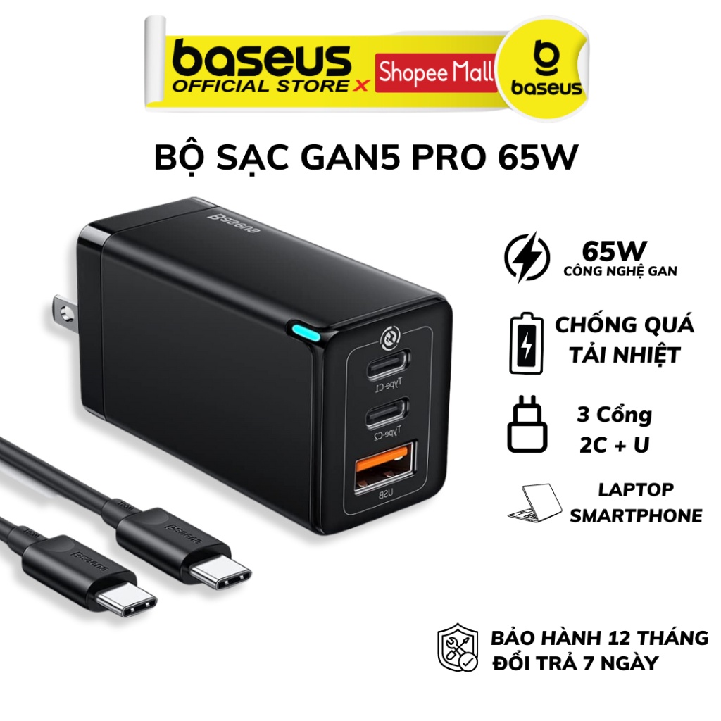 Củ sạc 65w Baseus GaN5 Pro Quick Charger kèm cáp 2 đầu type c dùng cho laptop điện thoại máy tính bảng