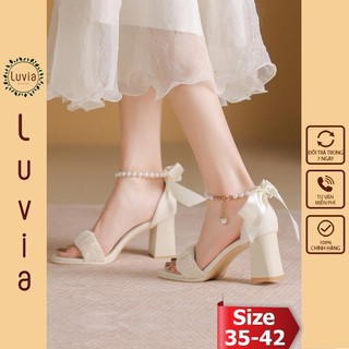 [sẵn[ Giày cao gót nữ đế vuông thắt nơ 7 phân quai ngọc thời trang Luvia 75CG