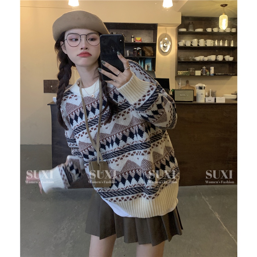 SUXI Áo sweater Dệt Kim Tay Dài Dáng Rộng Vải Mềm Kiểu vintage Thời Trang Thu Đông Cho Nữ