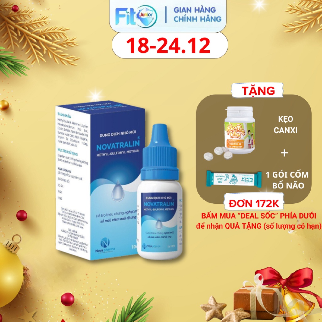 Nhỏ Mũi Novatralin Fito Junior Chứa Methyl-Sulffony Methan Giúp Làm Sạch, Thông Thoáng Mũi, Giảm Nghẹt Viêm Mũi, Lọ 10ml