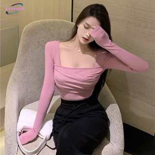 Phụ nữ cay Slim Fit Cổ Vuông Màu Trơn Đầu Thu Phiên Bản Hàn Quốc Top Lớn Nữ Màu Trơn Đáy Top Nữ